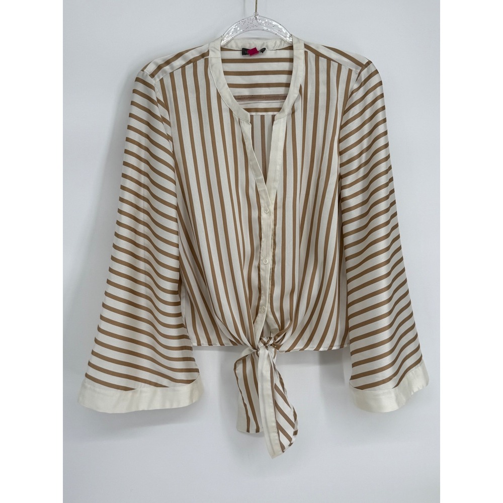 Vince Camuto Women Tan Ivory Striped Tie Front Bell Sleeve Blouse Sz L